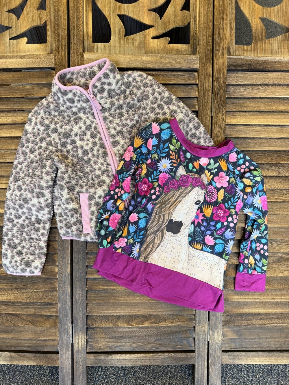 Cat & Jack Girls Pink Leopard Fleece Jacket & Sunshine Swing Floral Horse Crew 8